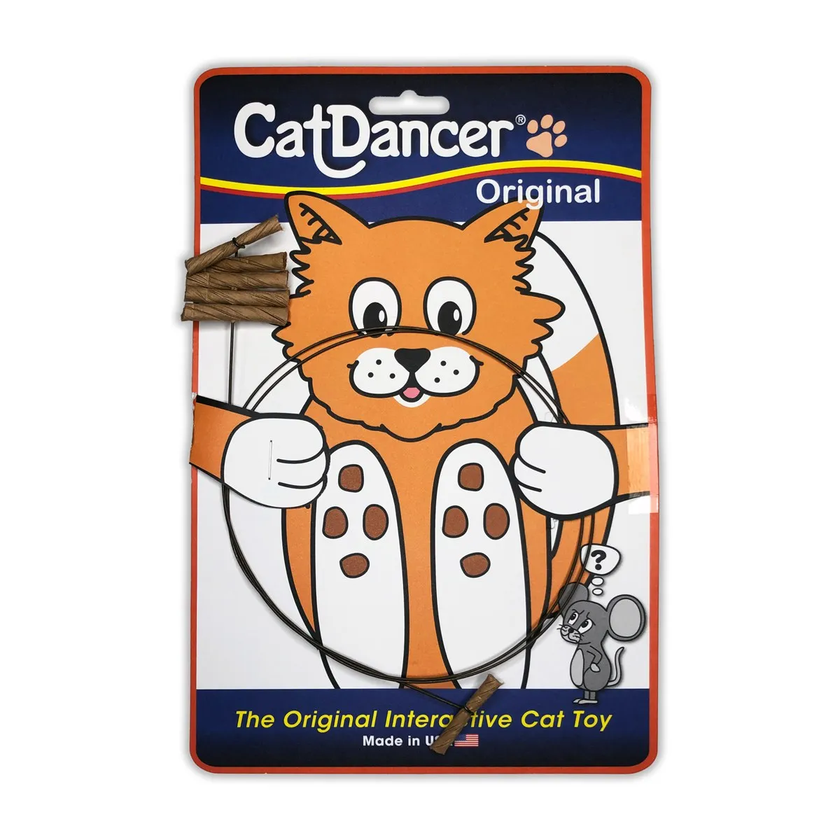 The Cat Dancer wand toy from Cat Dancer Products, a spring steel wire with a rolled cardboard lure at the tip, photographed for the official product page on catdancer.com that lists it at $3.49
