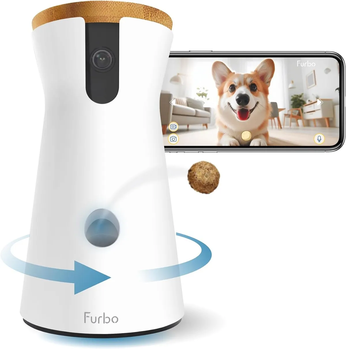 Official Furbo 360 degree dog camera product photograph from the manufacturer's retail listing, the brand whose support page lists no phone number and whose reviewers describe an AI chatbot as the only way in