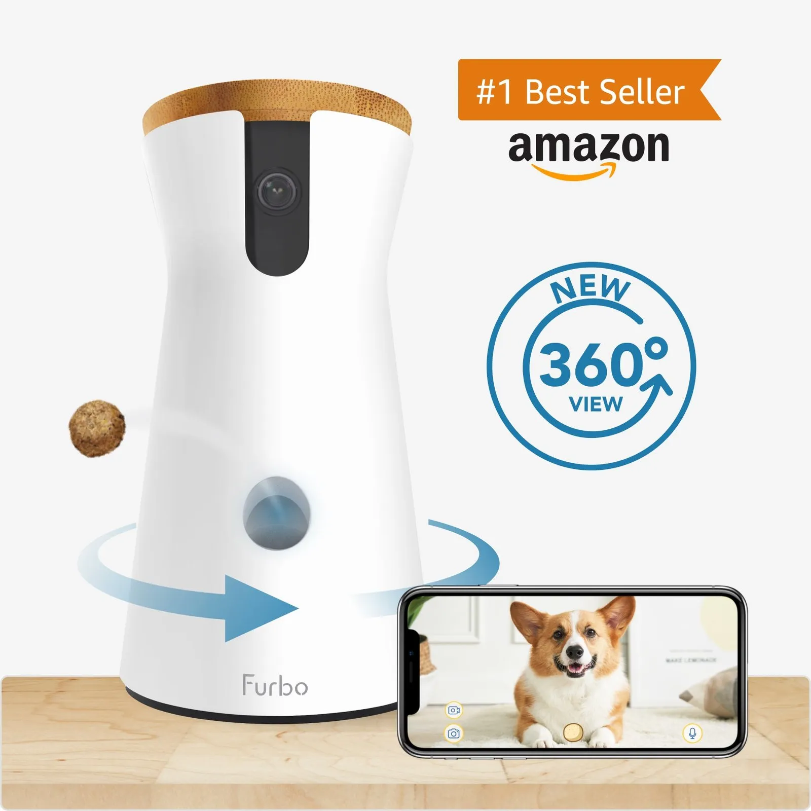 Furbo 360 dog camera with 360° pan/tilt view and treat tossing on a shelf in a living room