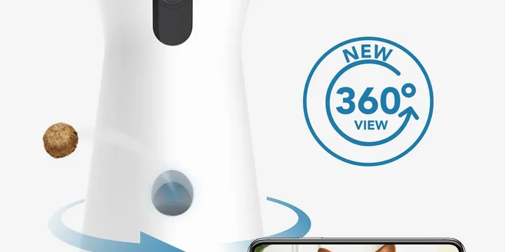 Furbo 360 dog camera with 360° pan/tilt view and treat tossing on a shelf in a living room
