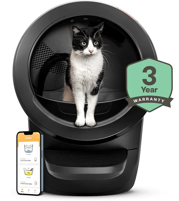 Official Whisker photograph of a black Litter-Robot 4 beside a phone running the companion app, the setup step where owners report pairing freezing at 90 percent