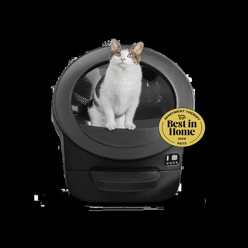 Litter-Robot Evo self-cleaning cat litter box in black, Whisker newest model with documented owner complaints about the waste drawer fit, the display, and support response