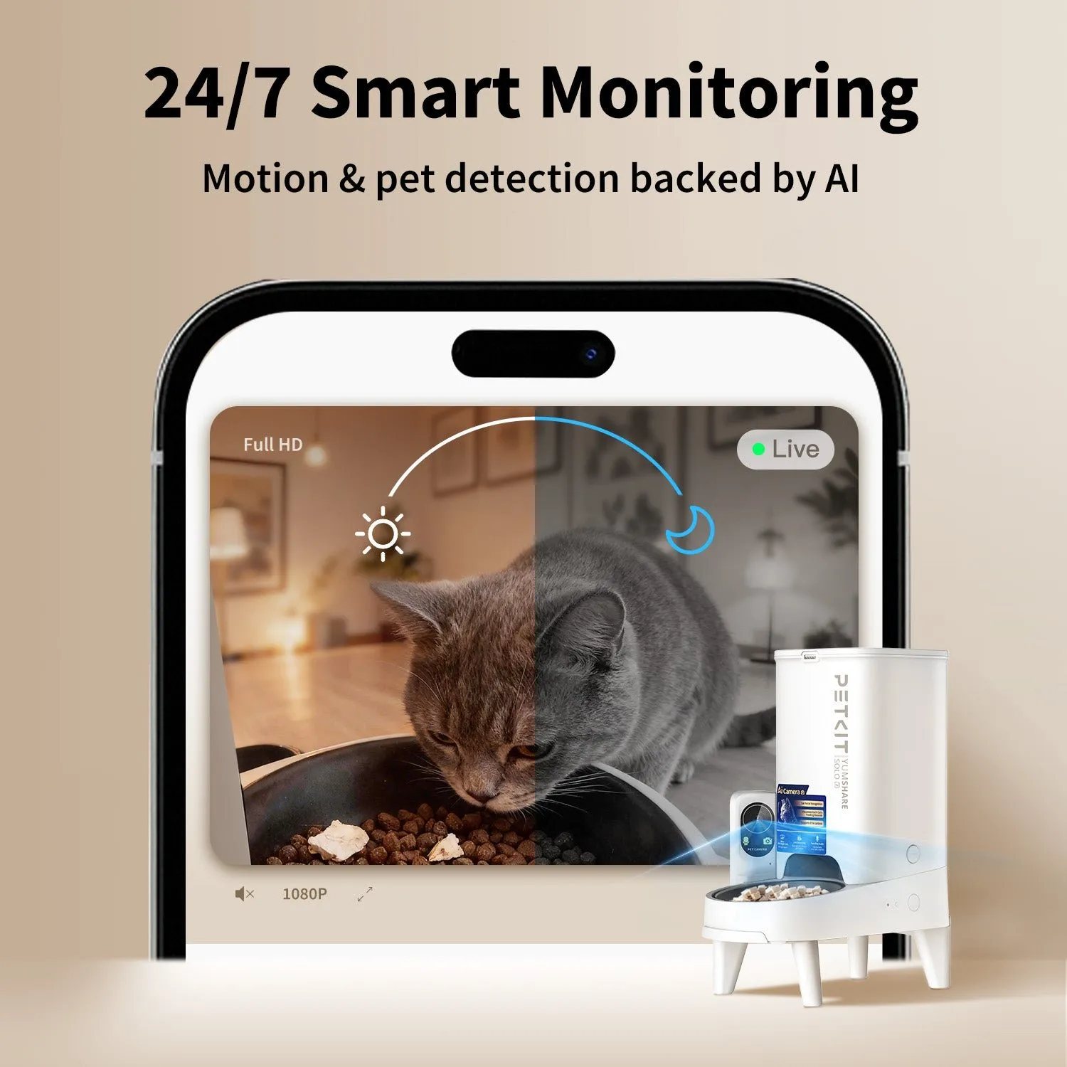 PETKIT YumShare Solo 2 pet feeder camera showing live day-and-night monitoring of a cat at the bowl