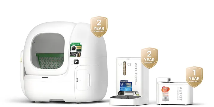 PETKIT smart pet devices bundle with Purobot Max Pro 2 automatic litter box, YumShare Dual-hopper 2 feeder, and EverSweet Max 2 water fountain