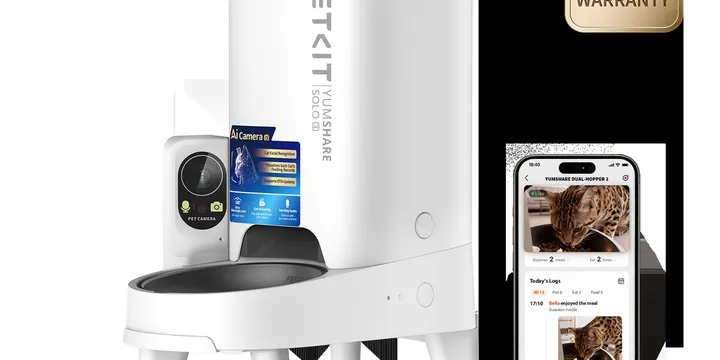 PETKIT YumShare Solo 2 automatic feeder with built-in AI camera next to the PETKIT app control screen, official product render from the petkit.com product page accessed September 2026