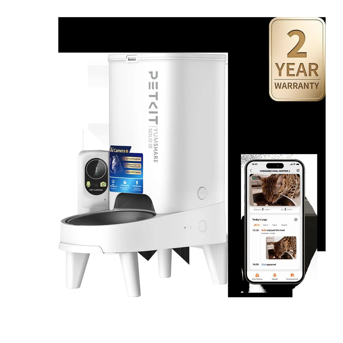 PETKIT YumShare Solo 2 automatic feeder with built-in AI camera next to the PETKIT app control screen, official product render from the petkit.com product page accessed September 2026