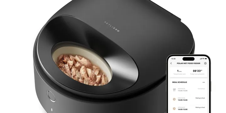 PETLIBRO Polar smart wet food feeder with refrigerated storage, app portion scheduling, and a cat eating from the tray