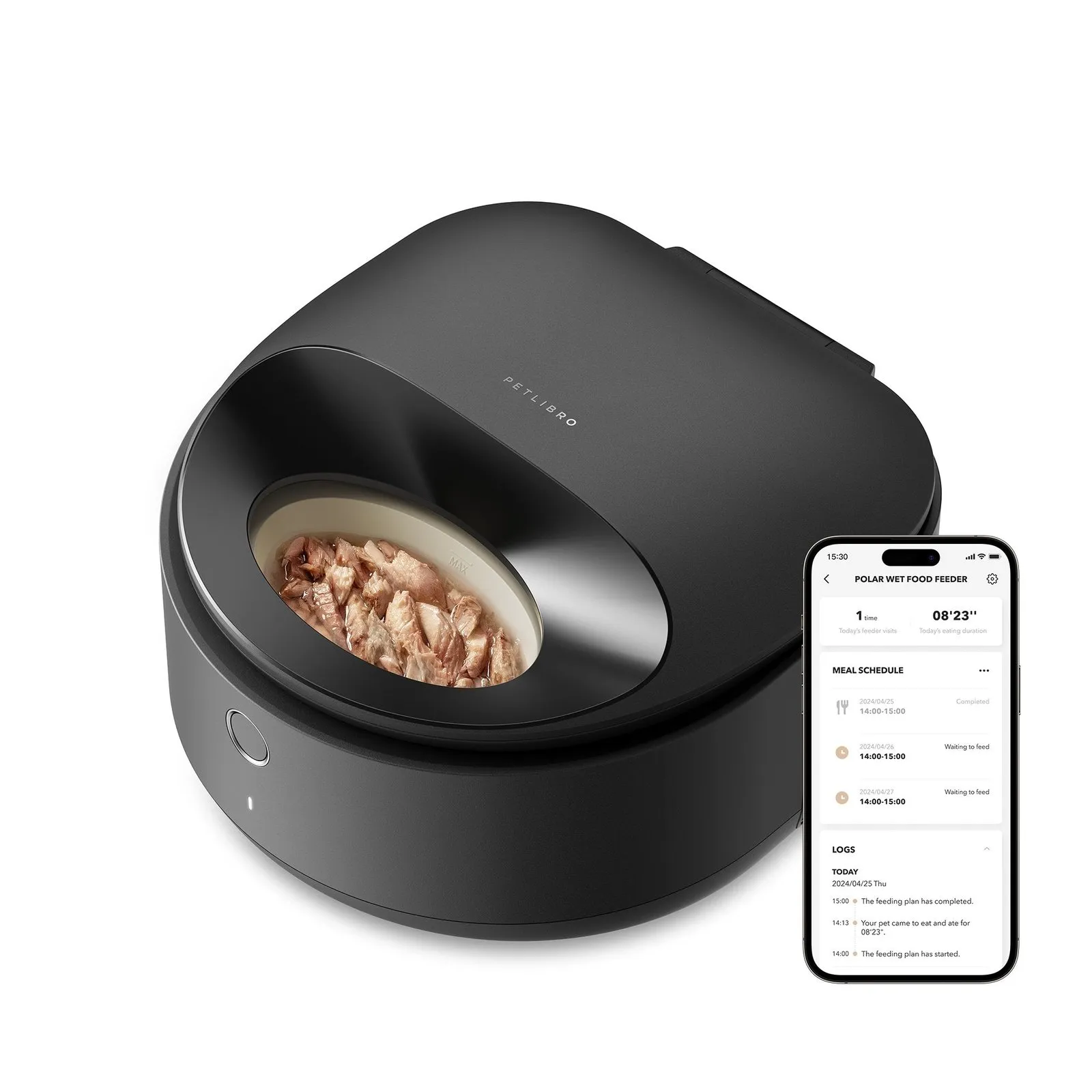 PETLIBRO Polar smart wet food feeder with refrigerated storage, app portion scheduling, and a cat eating from the tray