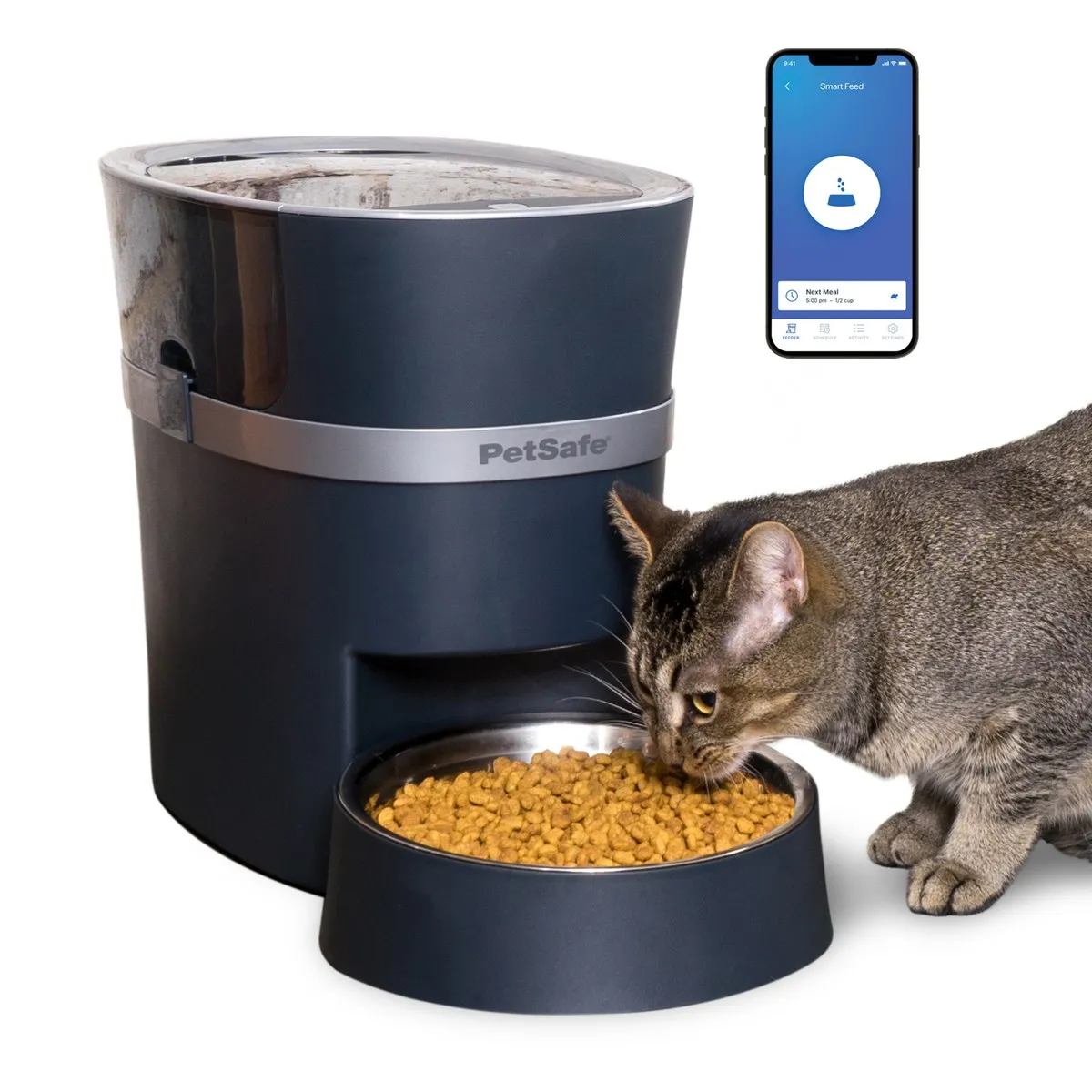 Official PetSafe product photo of the Smart Feed 2nd-generation automatic dog and cat feeder, the pick whose schedule and feeding history live on the device instead of a vendor server