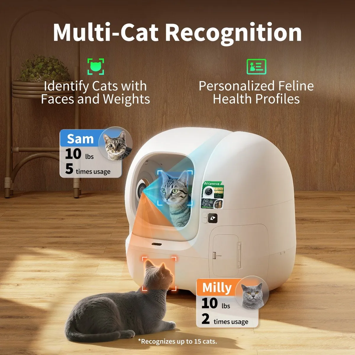 Official PETKIT product photograph for the Purobot Max Pro 2 showing the multi-cat recognition feature the manufacturer advertises for households with more than one cat