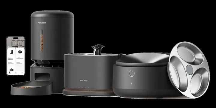 PETLIBRO smart pet device family: Polar smart wet food feeder, Granary smart camera feeder, and Dockstream 2 smart cordless fountain together