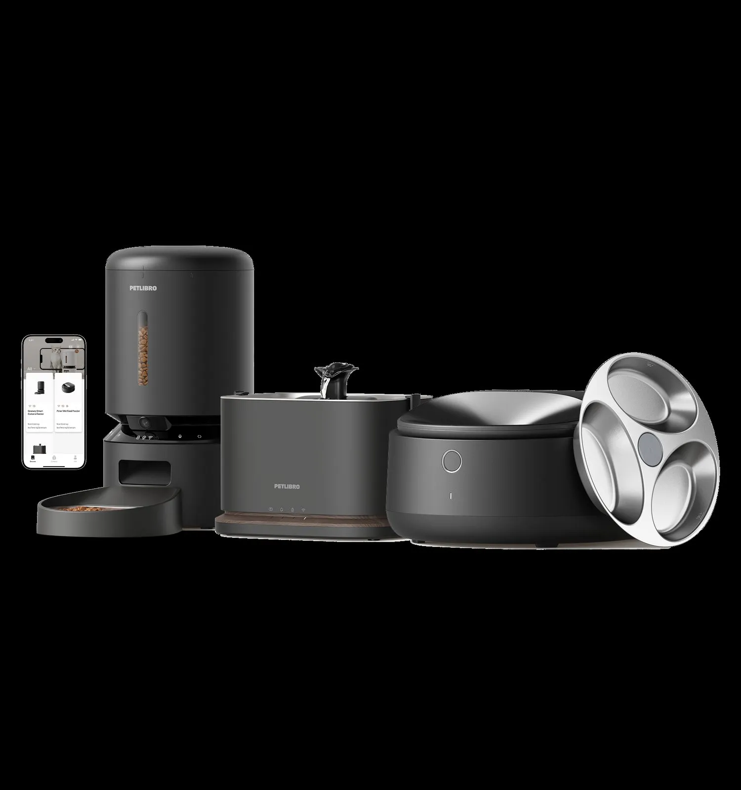 PETLIBRO smart pet device family: Polar smart wet food feeder, Granary smart camera feeder, and Dockstream 2 smart cordless fountain together