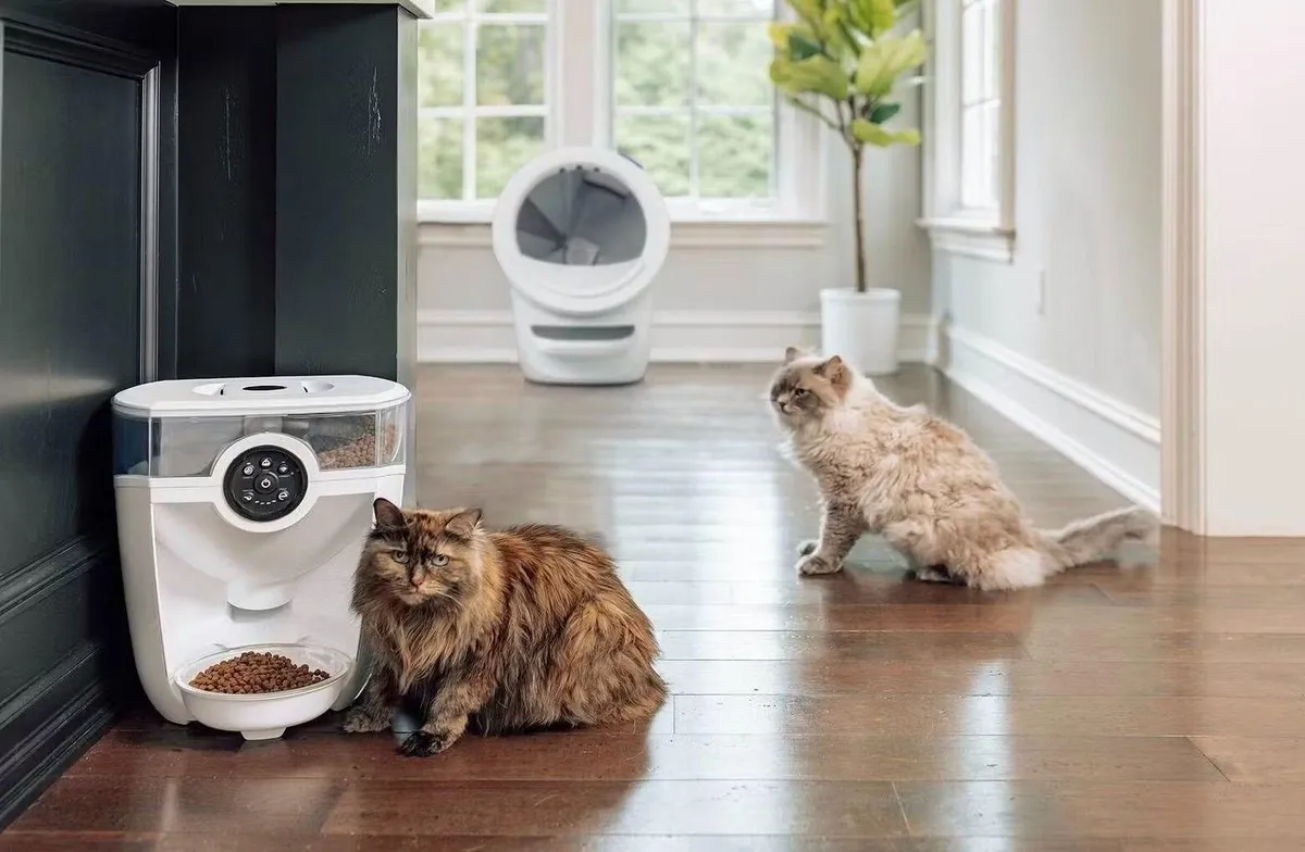 Official Whisker product photograph of the Feeder-Robot automatic pet feeder with a Litter-Robot 4 behind it, the feeder line whose maker ships a supported Home Assistant integration